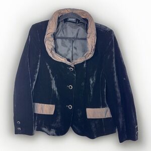 Basler Womens Black Velvet Blazer Jacket Bronze Taffeta Ruffle Collar Sz 8-10